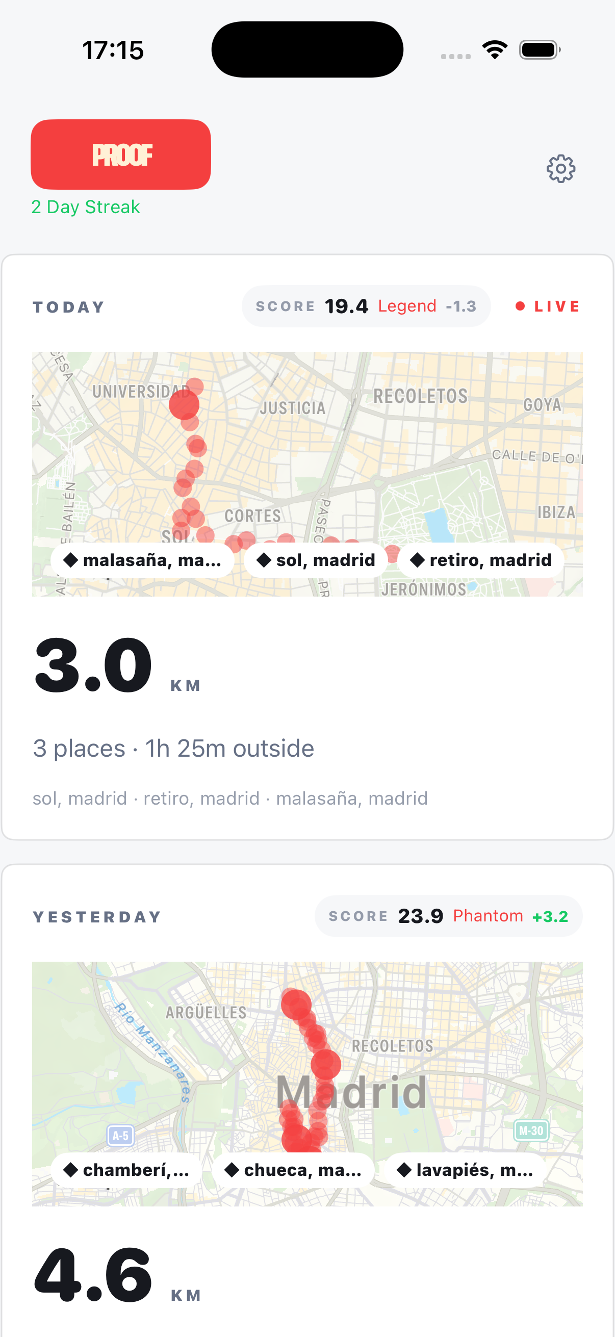 PROOF iOS app showing a day score, heatmap, places, and movement breakdown.